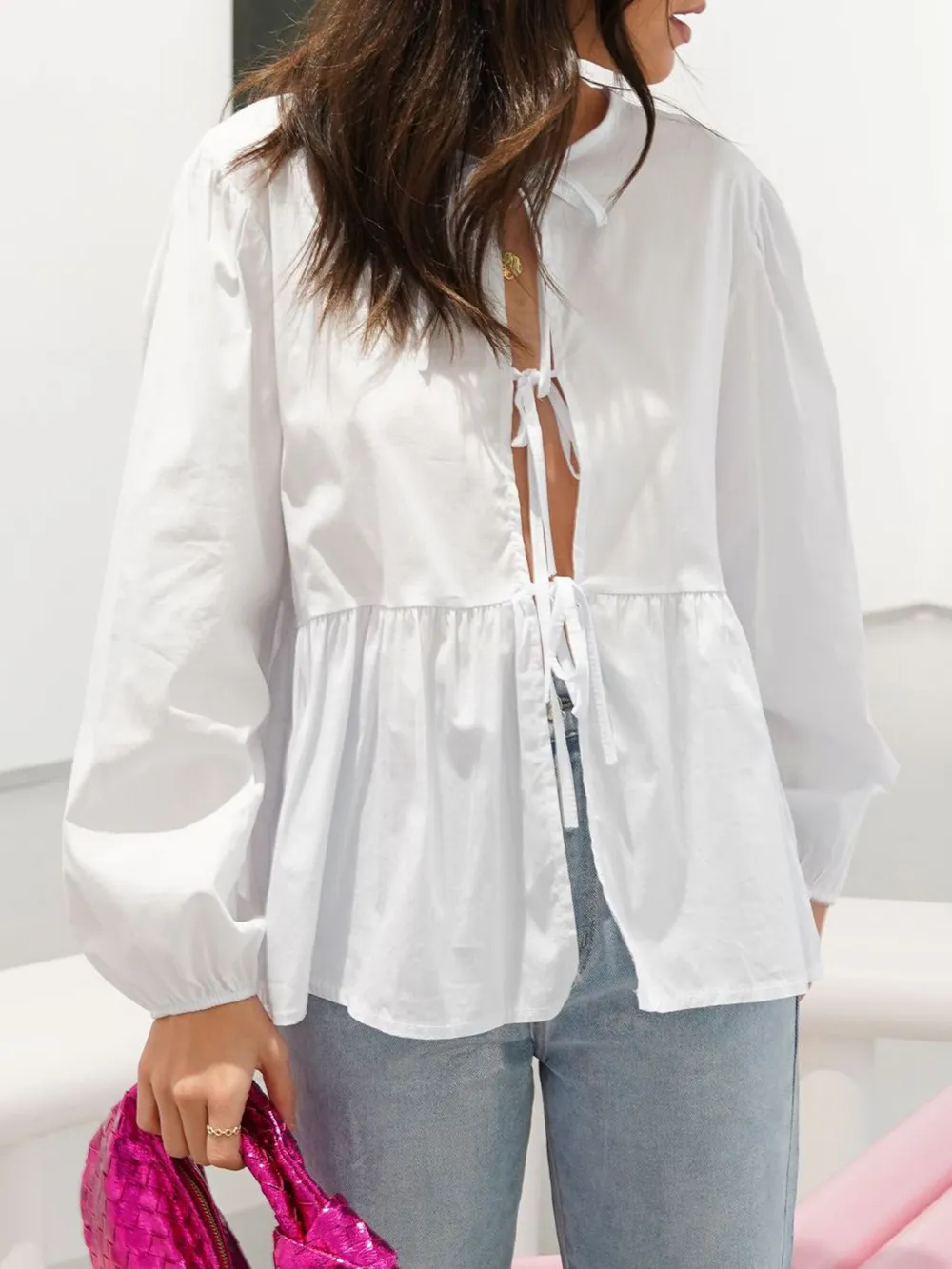 Tied Round Neck Long Sleeve Blouse, image 3