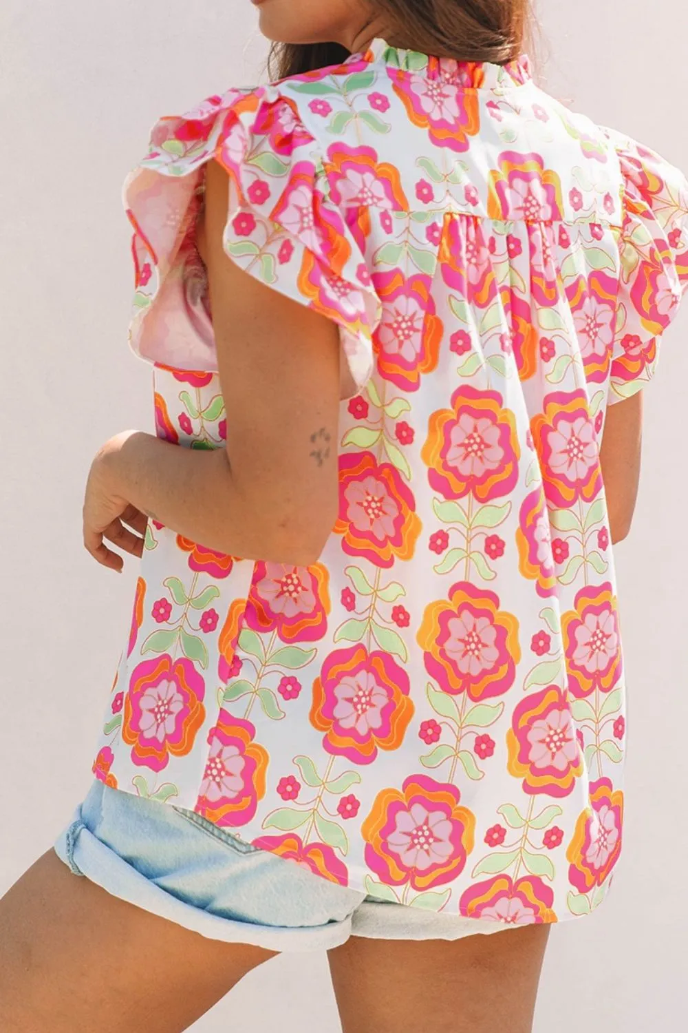 Floral Ruffled Sleeve Ric-Rac Trim Split Neck Loose Blouse, image 9