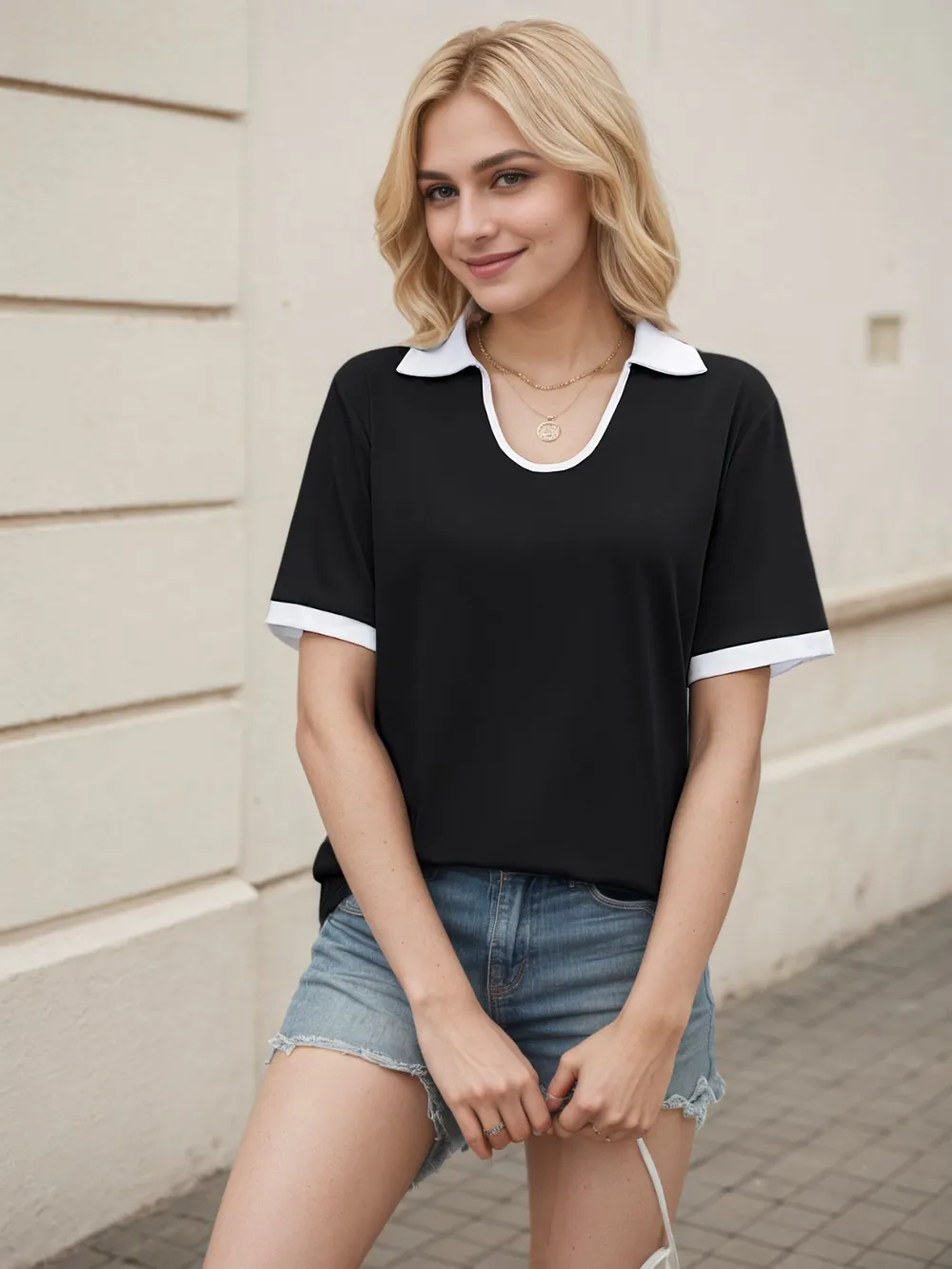 Collared Neck Short Sleeve Top, image 2