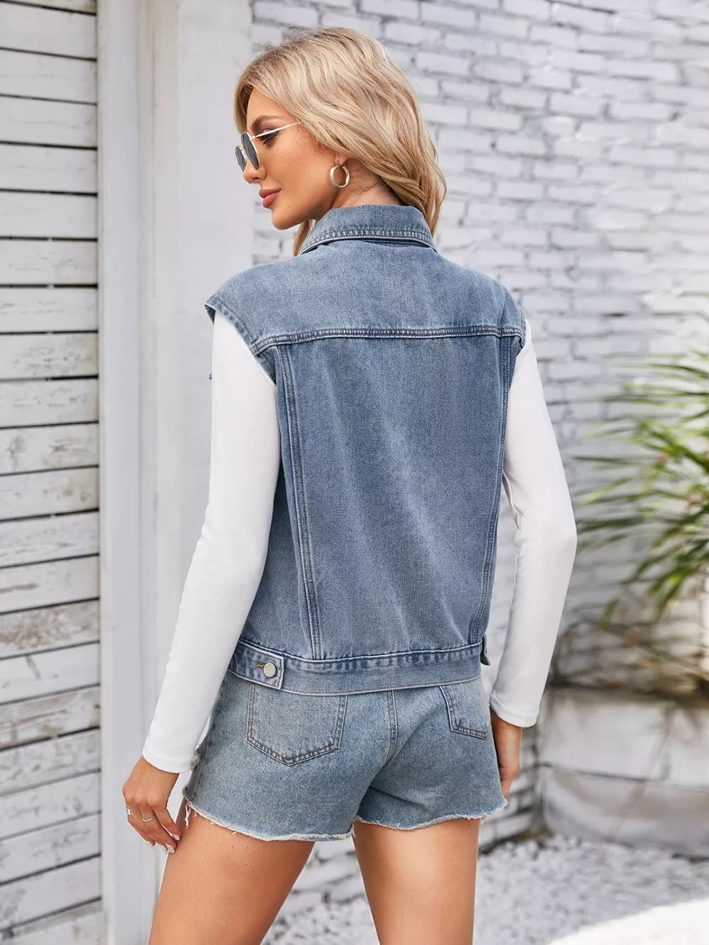 Button Up Cap Sleeve Denim Jacket, image 7