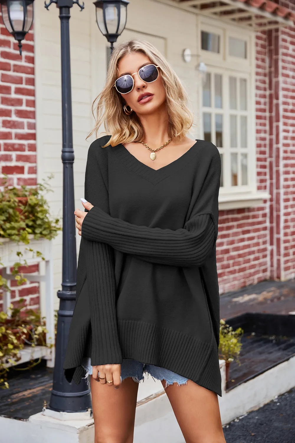 Slit V-Neck Dropped Shoulder Sweater, image 22