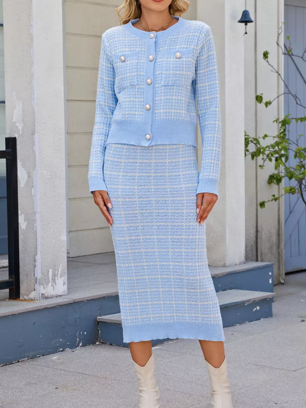 Plaid Knit Cardigan and Midi Skirt Sweater Set, image 3