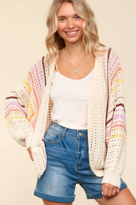 Full Size Striped Crochet Open Front Cardigan, image 4