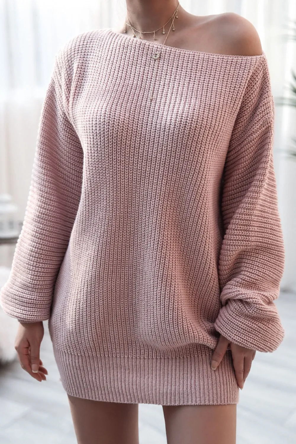 Boat Neck Long Sleeve Mini Sweater Dress, image 2