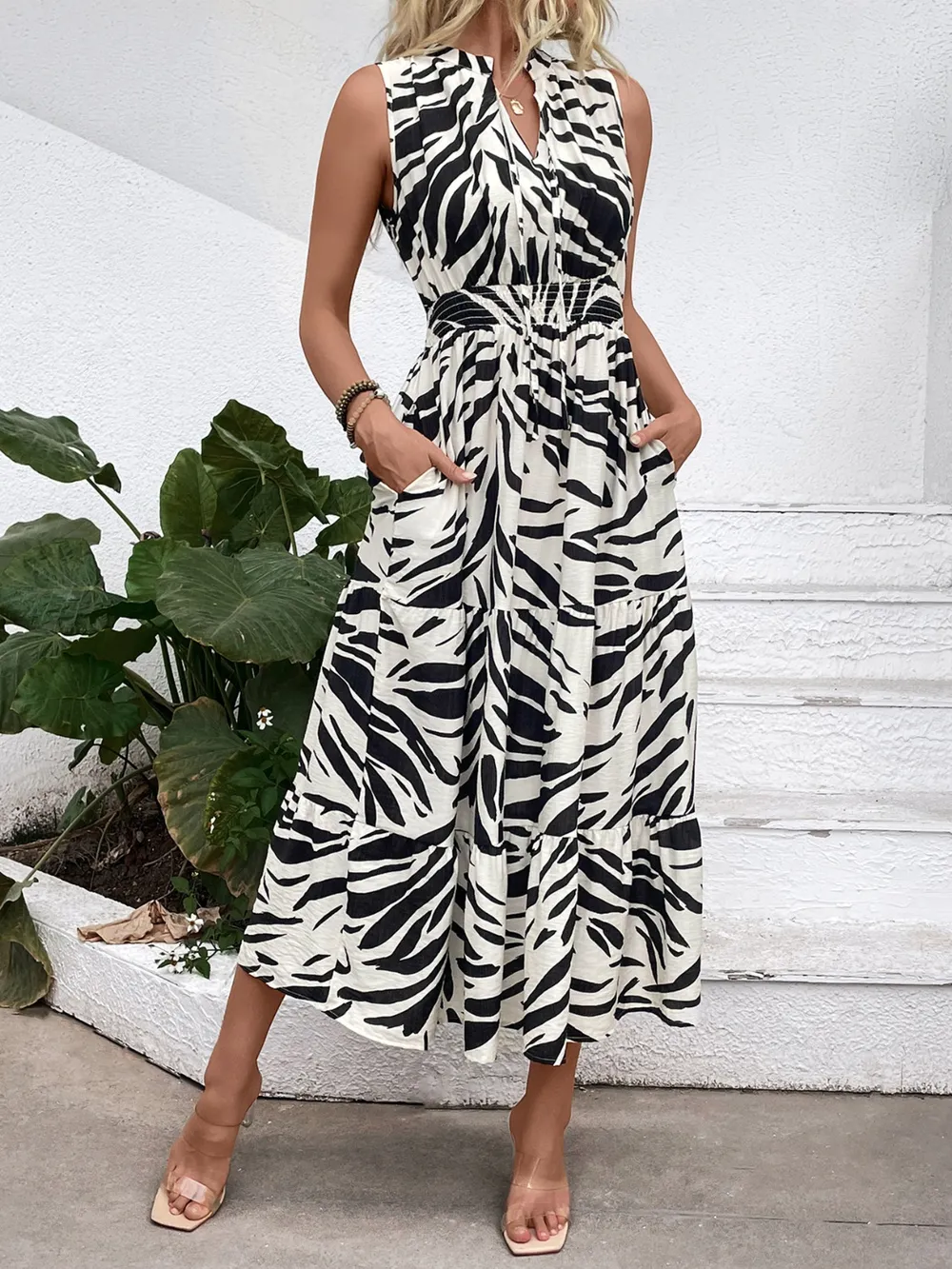Printed Notched Sleeveless Midi Dress