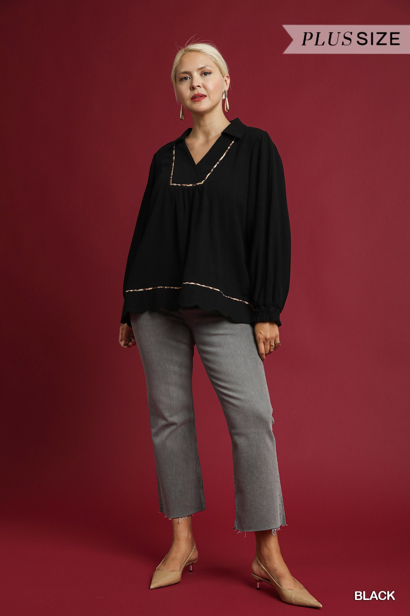 Full Size Linen Scallop Hem Blouse with Contrast Trim Plus Size, image 6