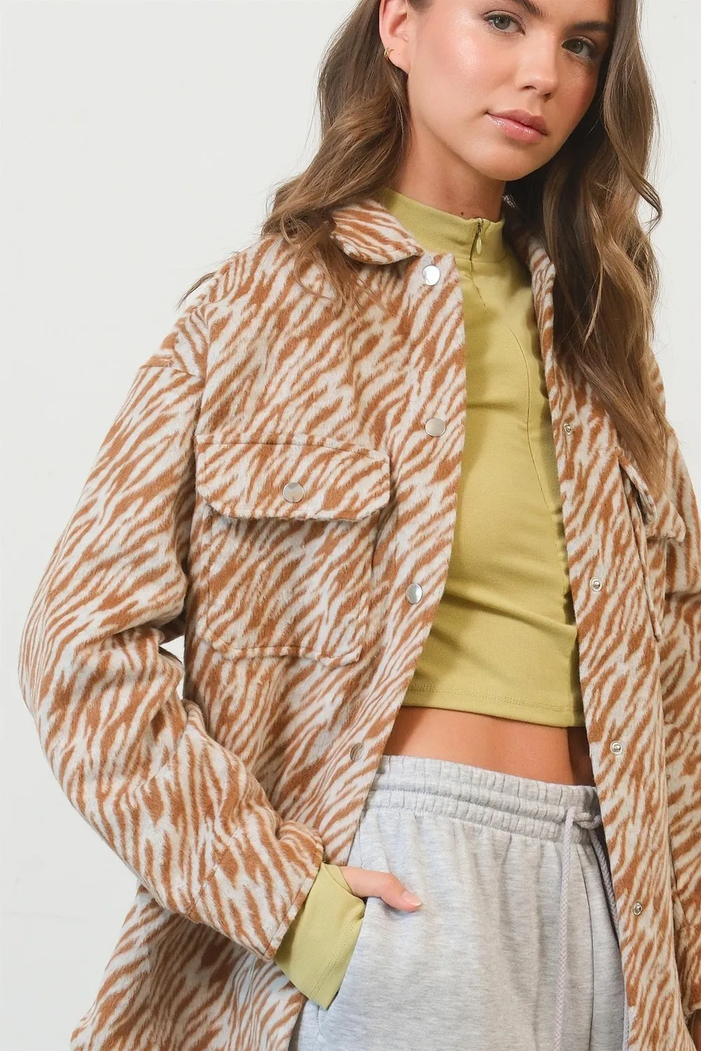 Zebra Print Snap Down Long Sleeve Shacket, image 5