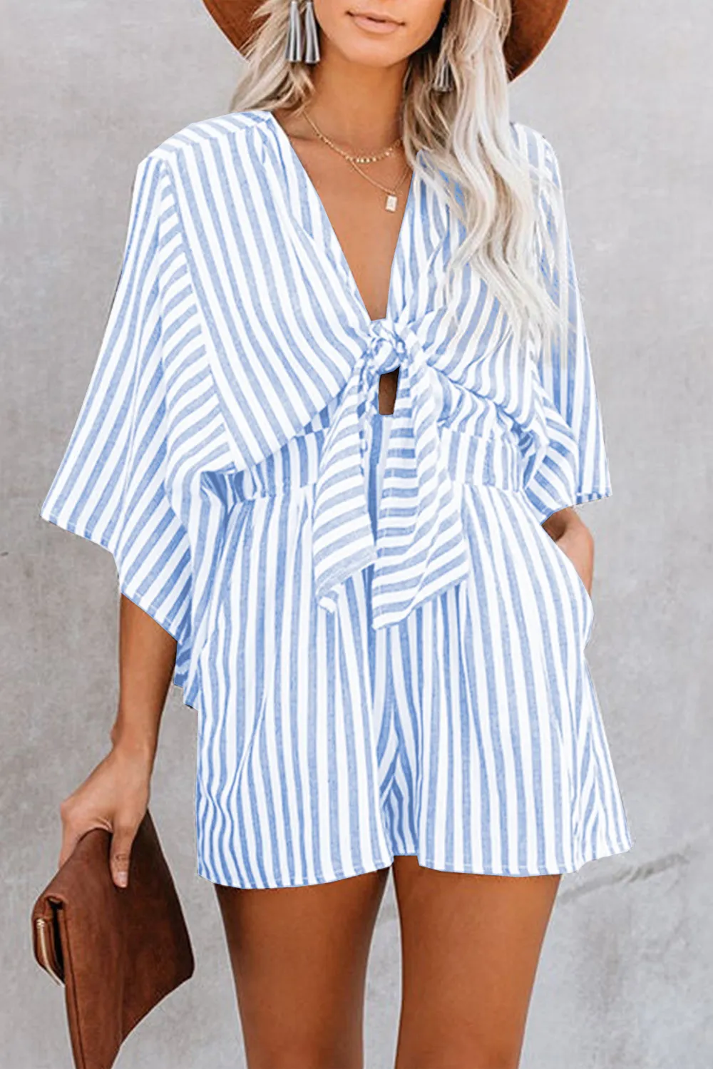 Bow Striped Kimono Sleeve Romper, image 7