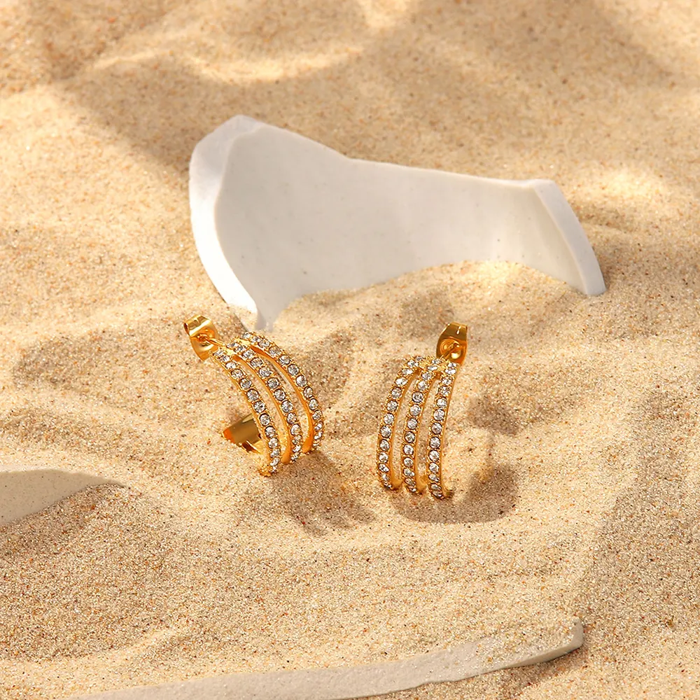 Stainless Steel Inlaid Zircon C-Hoop Earrings, image 5