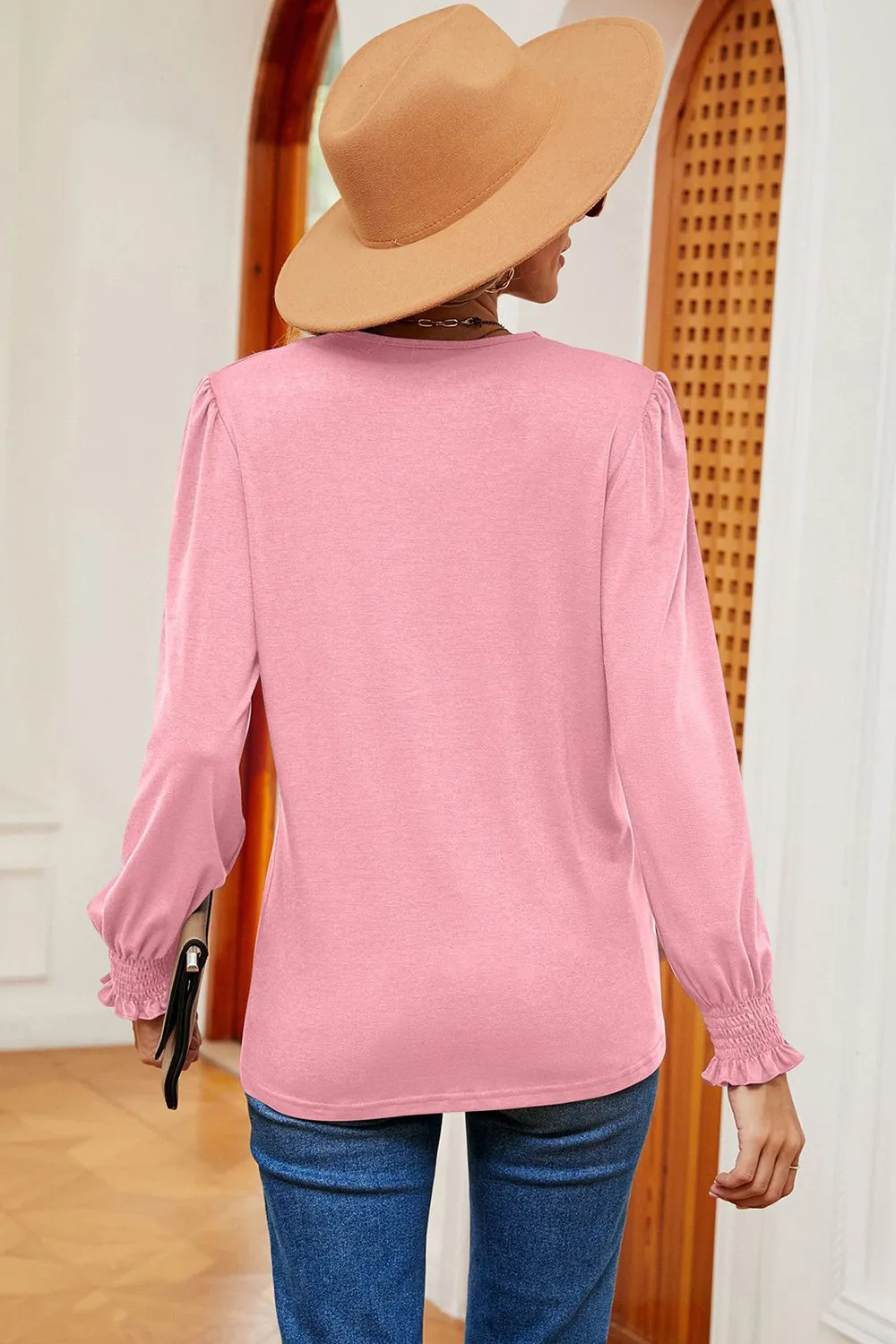 Lace Detail V-Neck Lantern Sleeve T-Shirt, image 10
