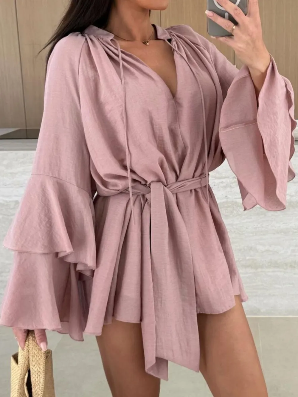 Bell Sleeve Tie Waist Mini Shirt Dress, image 16