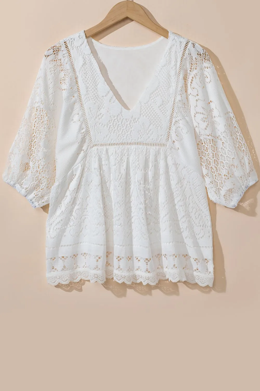 Lace Crochet Hollowed Scallop Hem V Neck Blouse, image 5