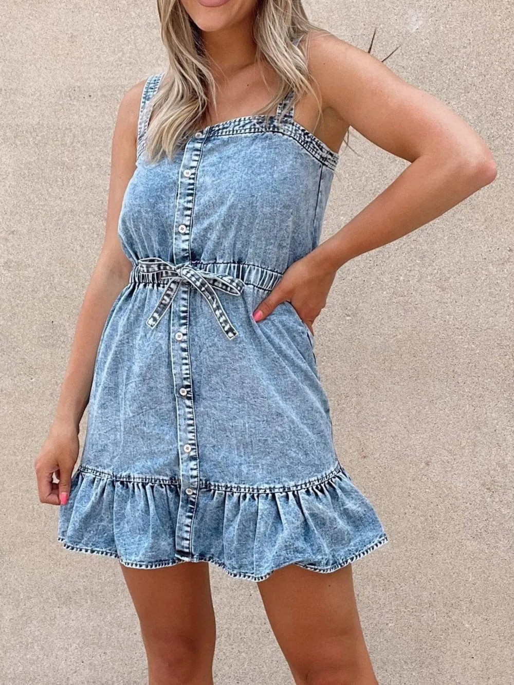 Casual Ruffled Hem Denim Mini Dress with Tie Waist, image 2