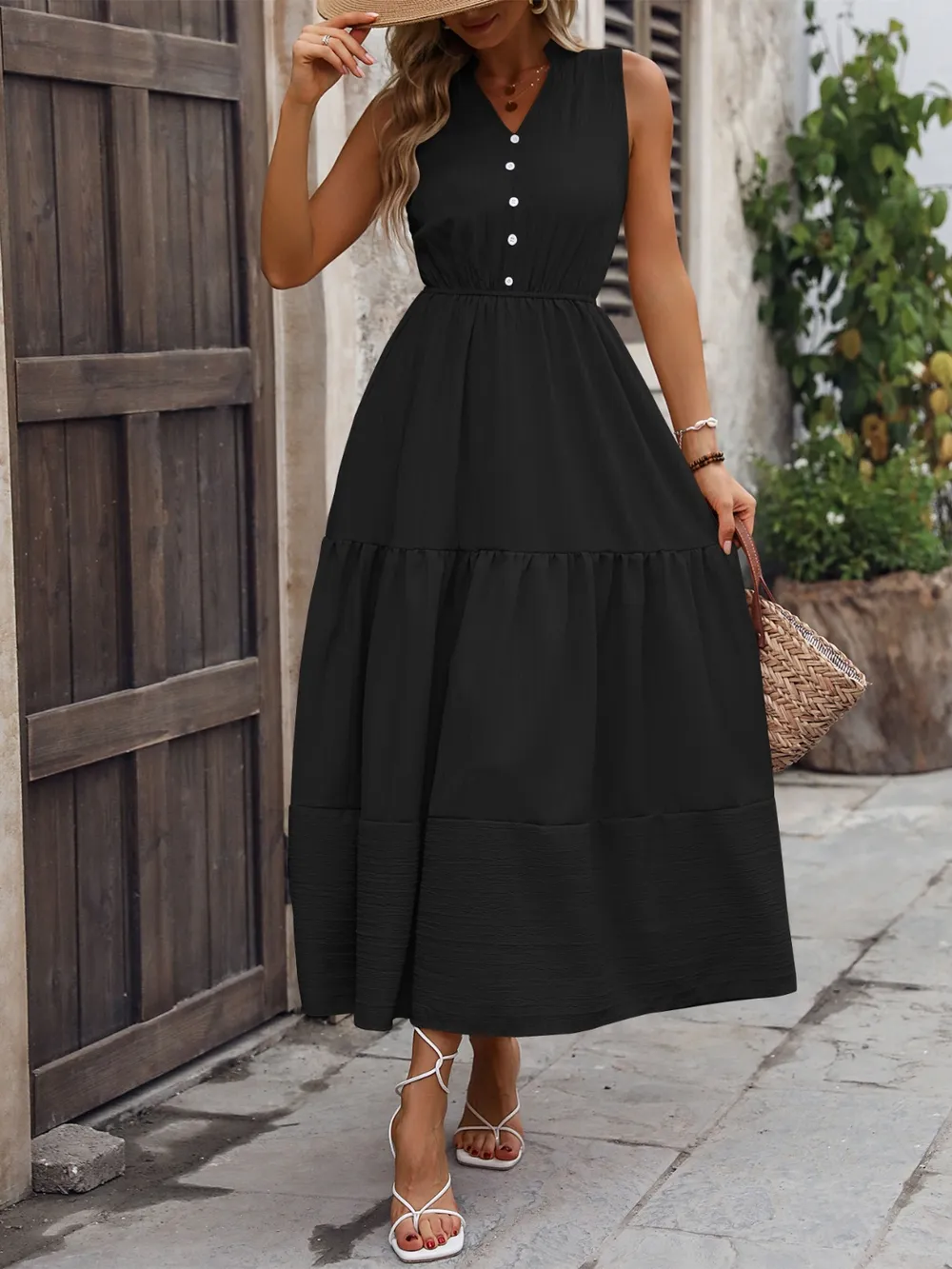Notched Sleeveless Maxi Tank Dress