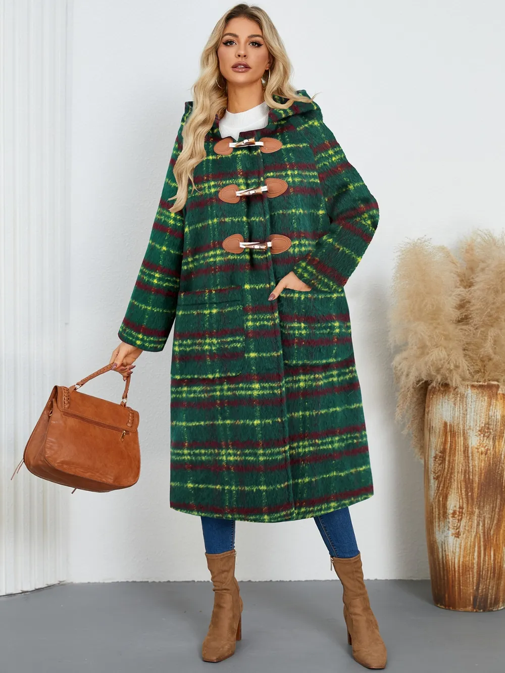 Plaid Long Sleeve Hooded Coat with Pockets, image 3