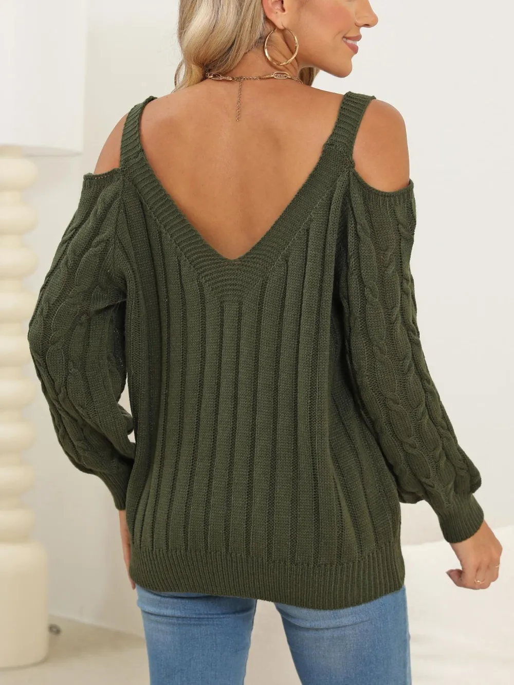 Cable-Knit V-Neck Long Sleeve Sweater, image 2