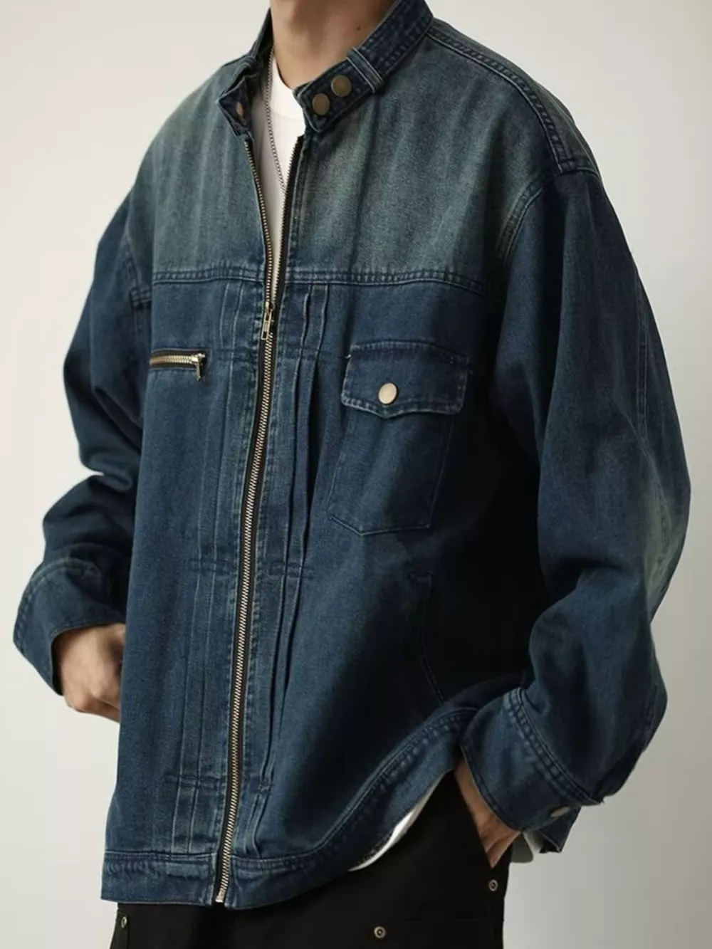 Men's Full Size Washed Zip Up Denim Jacket Plus Size, image 4