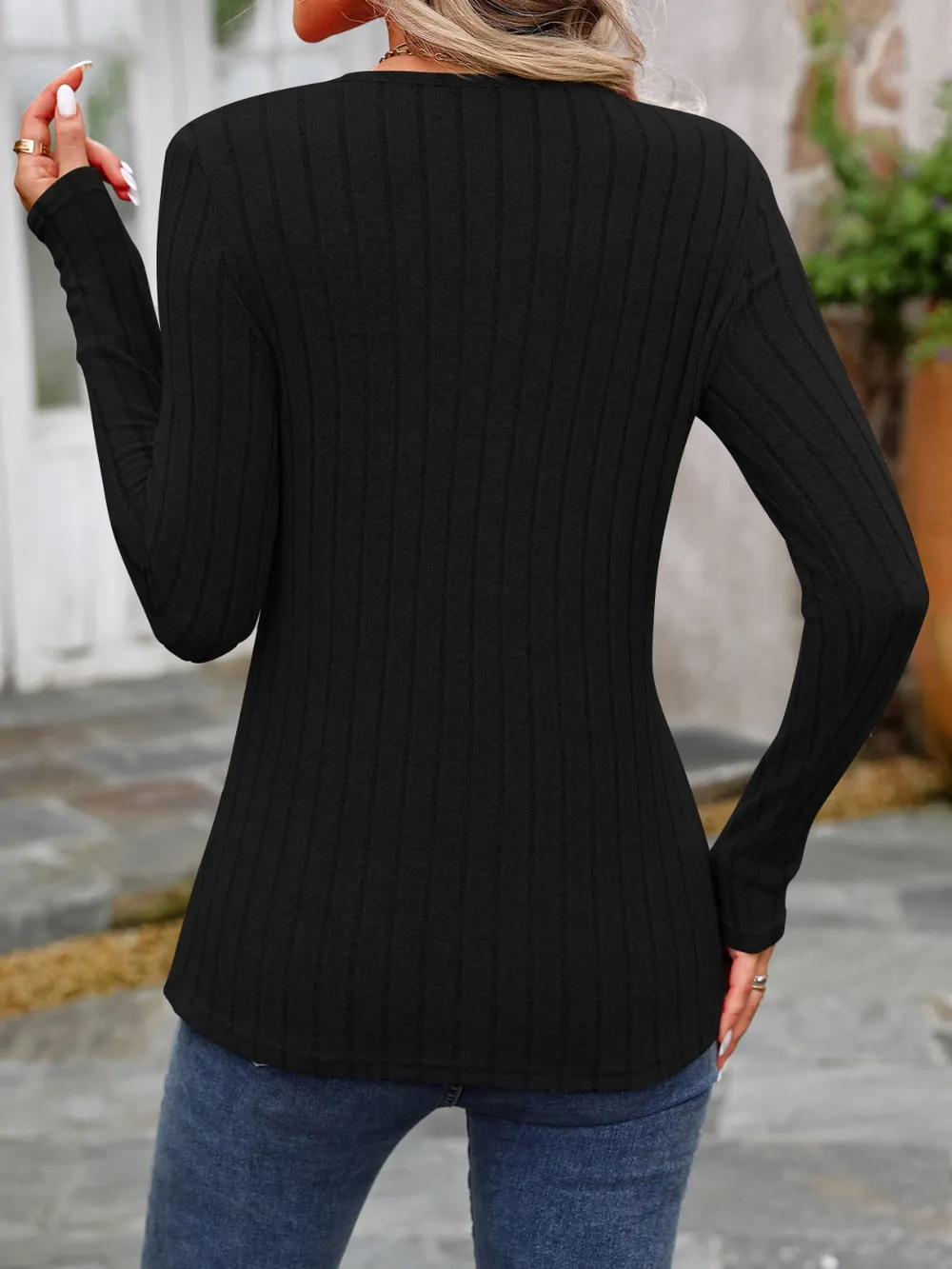 Decorative Button Round Neck Long Sleeve T-Shirt, image 14