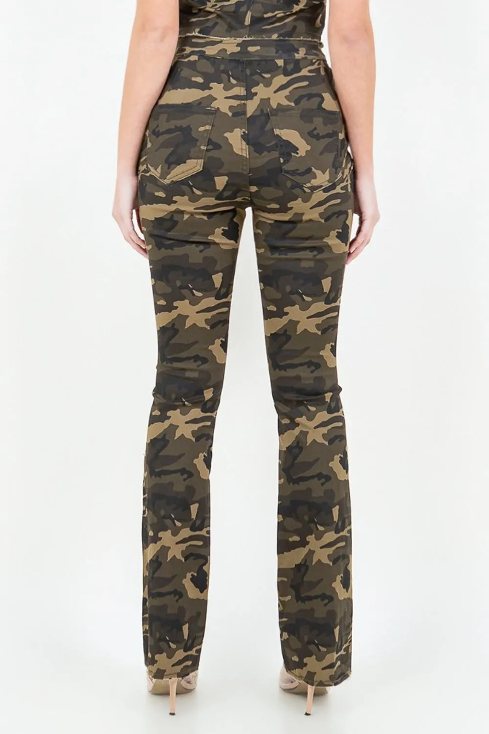 V-Cut Ruched Camo Flare Pants, image 3