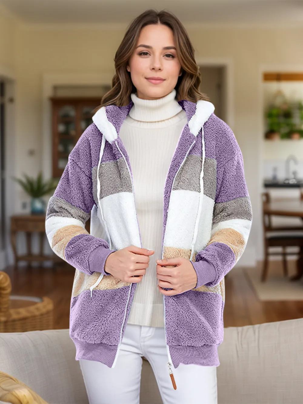 Full Size Drawstring Color Block Zip Up Hooded Outerwear, image 15