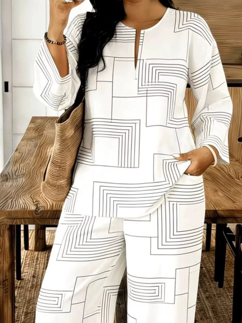 Geometric Print Relaxed Fit Top and Pants Set, image 9