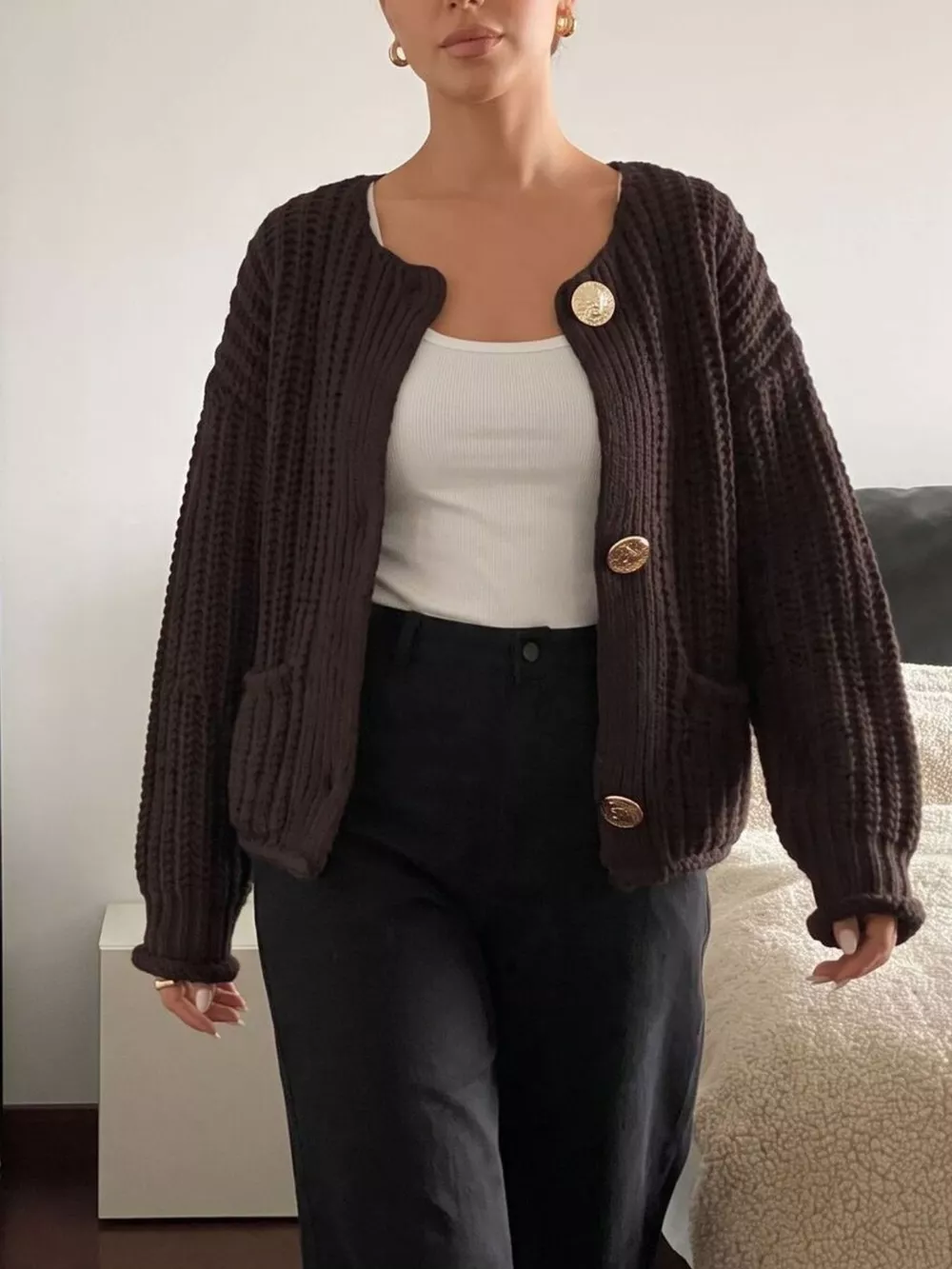 Ribbed Knit Cardigan with Gold-Tone Buttons, image 9