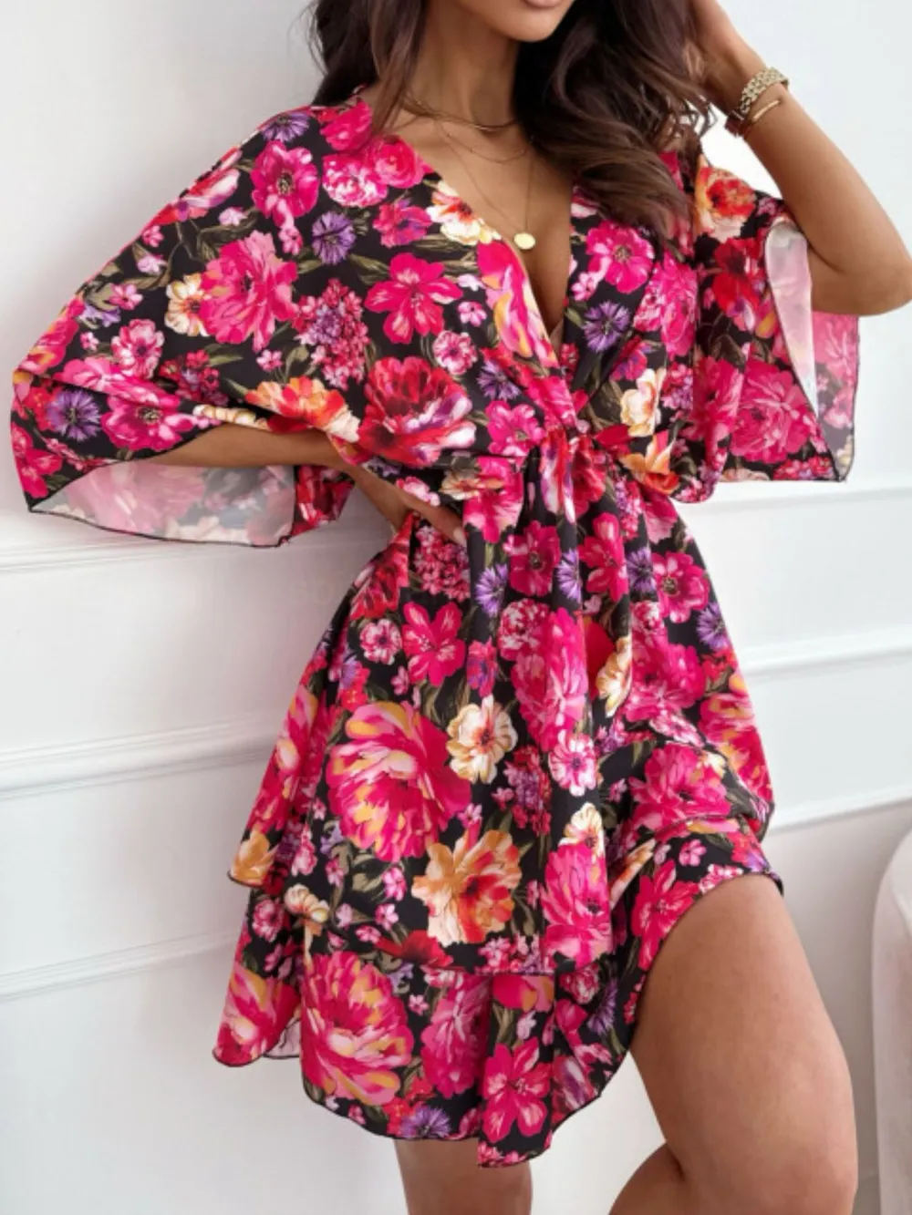 Floral Print V-Neck Ruffle Mini Dress, image 9