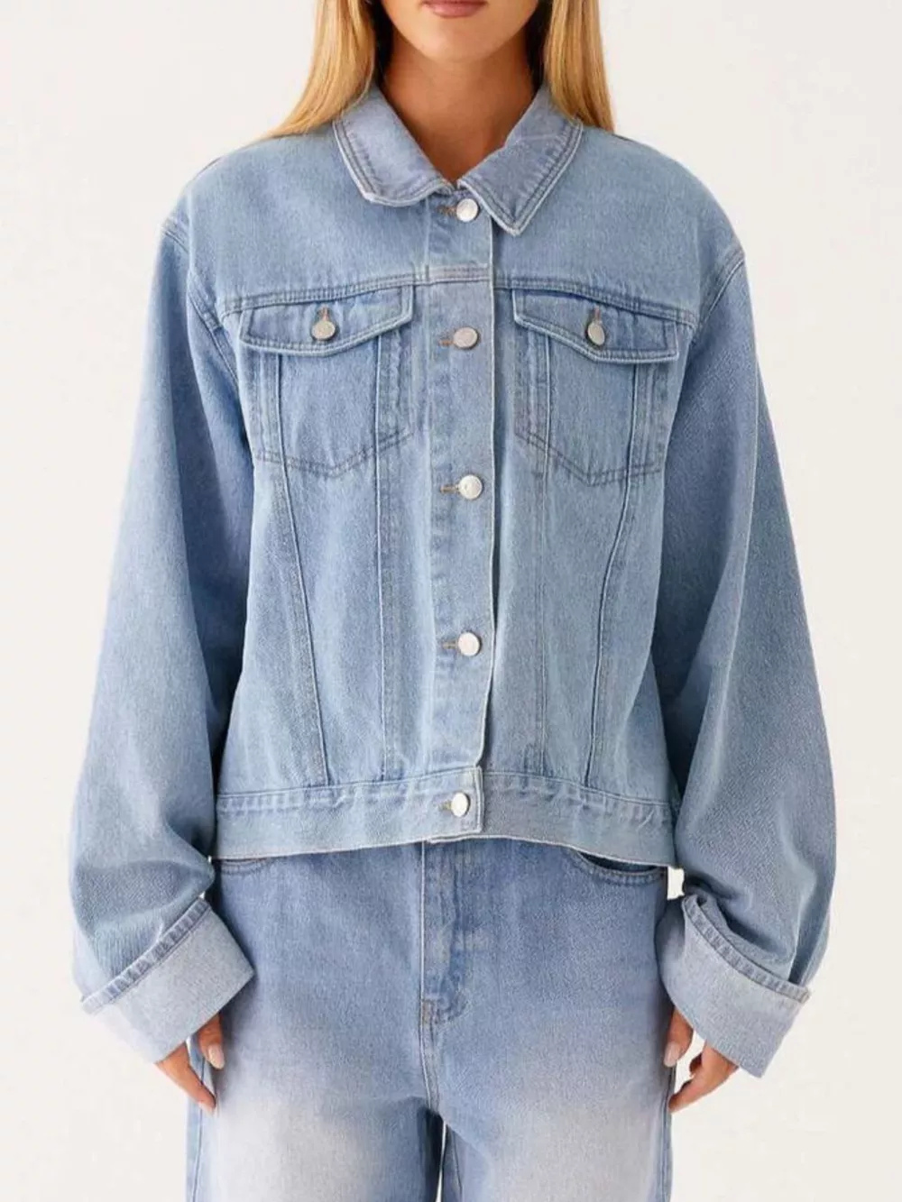 Button Down Cropped Oversized Denim Jacket, image 16