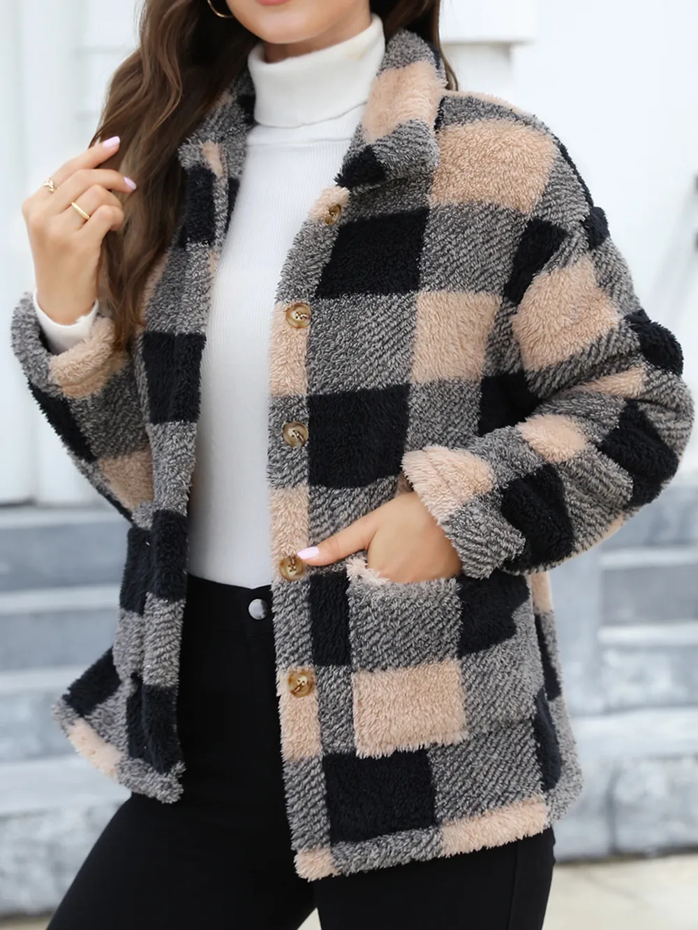 Button Up Drop Shoulder Fuzzy Jacket, image 14