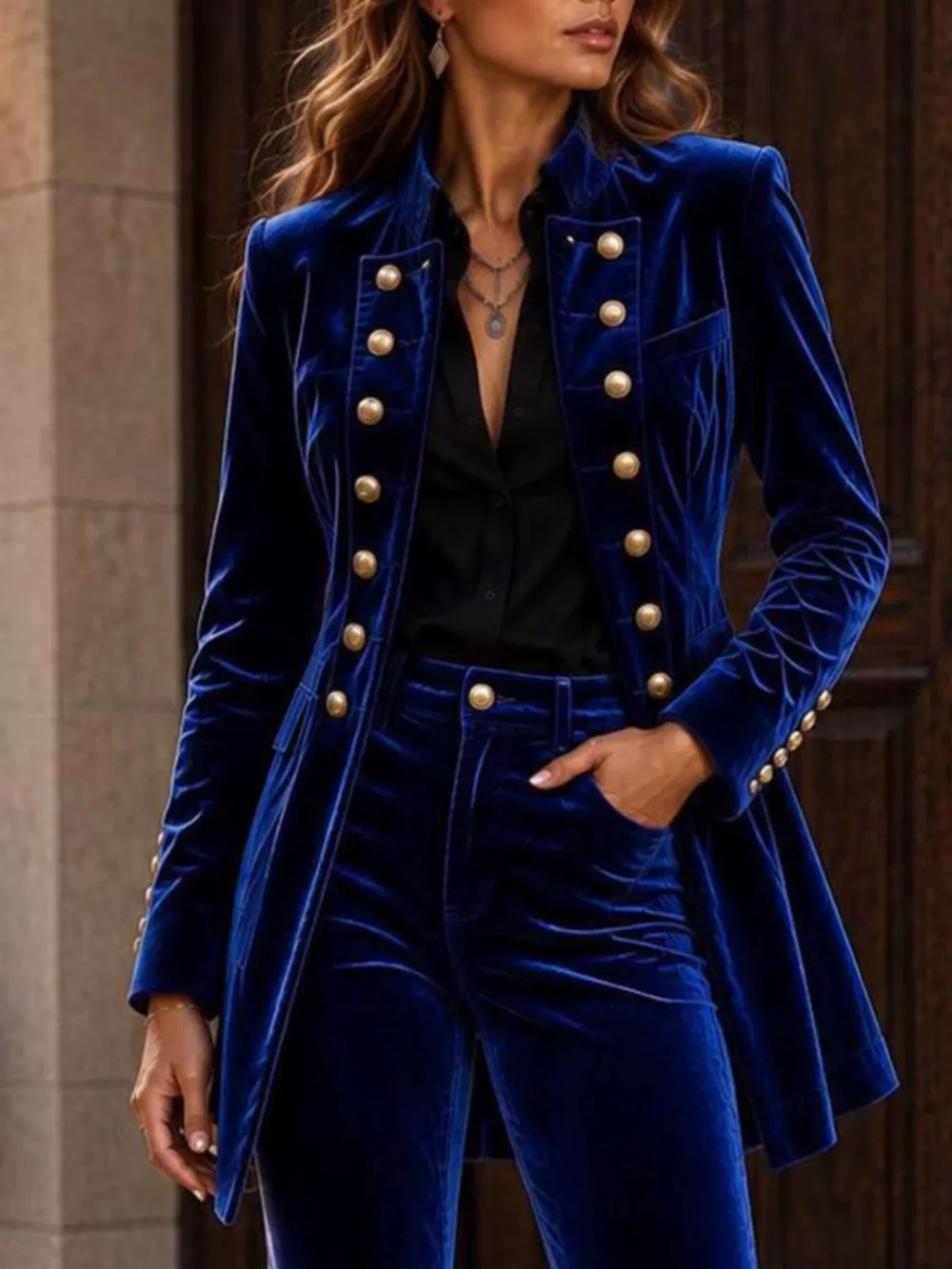 Velvet Double-Breasted Blazer and Flare Pants Set, image 11