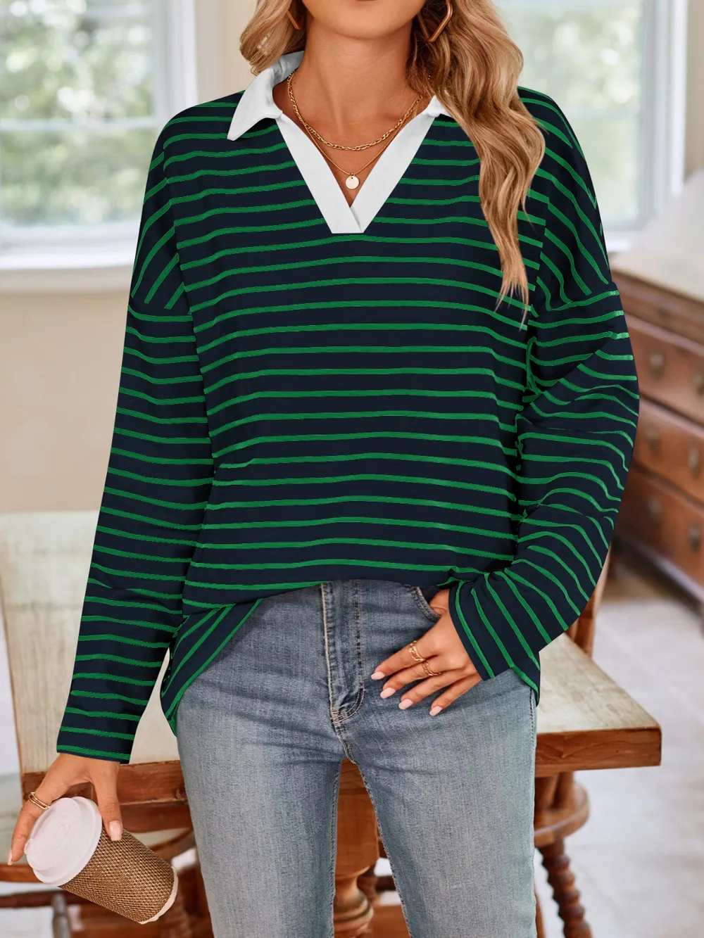 Striped Johnny Collar Long Sleeve T-Shirt, image 19