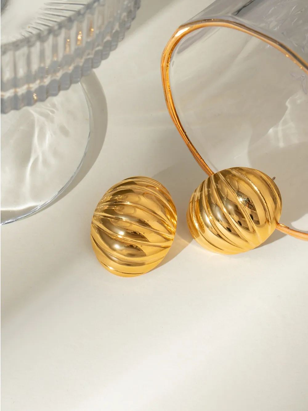 18K Gold-Plated Stainless Steel Ribbed Earrings, image 3