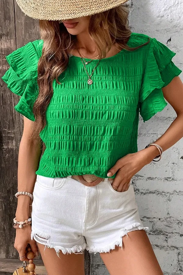 Textured Ruffled Sleeve Round Neck Top, image 7