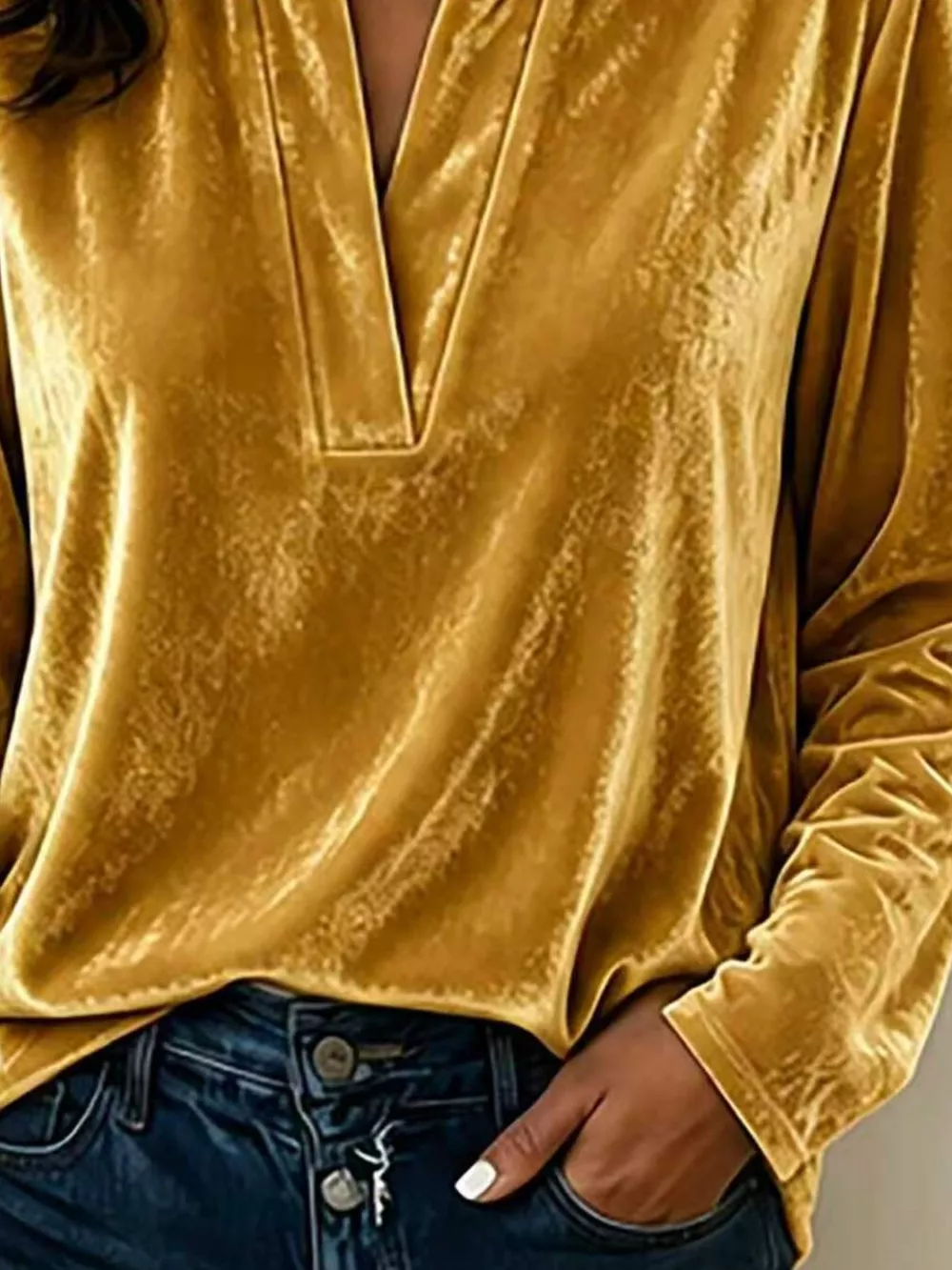 Full Size Velvet Notched Long Sleeve Blouse Plus Size, image 12