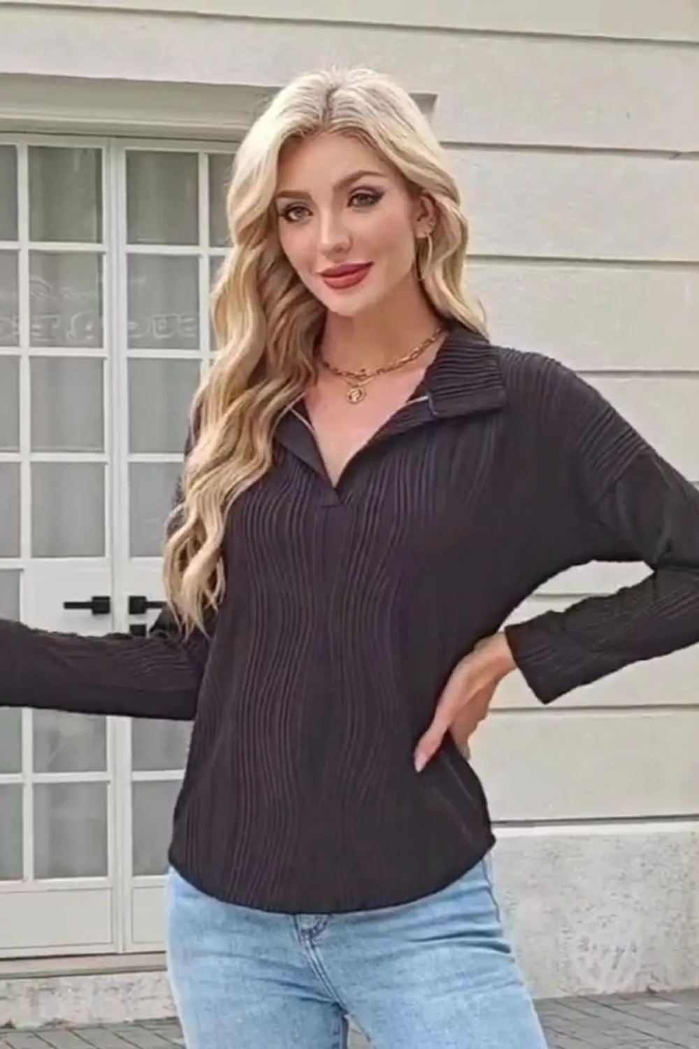 Texture Collared Neck Long Sleeve Blouse, image 17