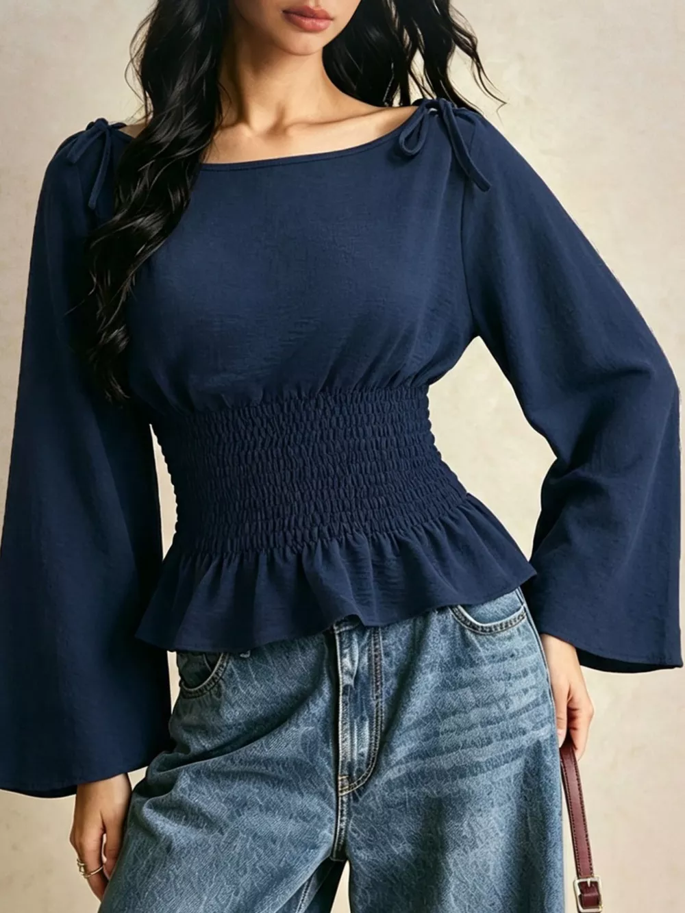 Smocked Waist Flare Sleeve Blouse, image 3