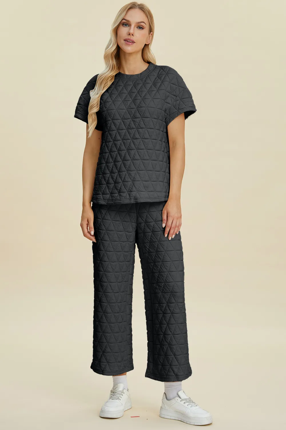 Full Size Texture Round Neck Short Sleeve Top and Pants Set