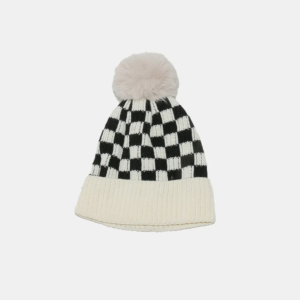 Checkered Knit Hat with Pompom, image 3