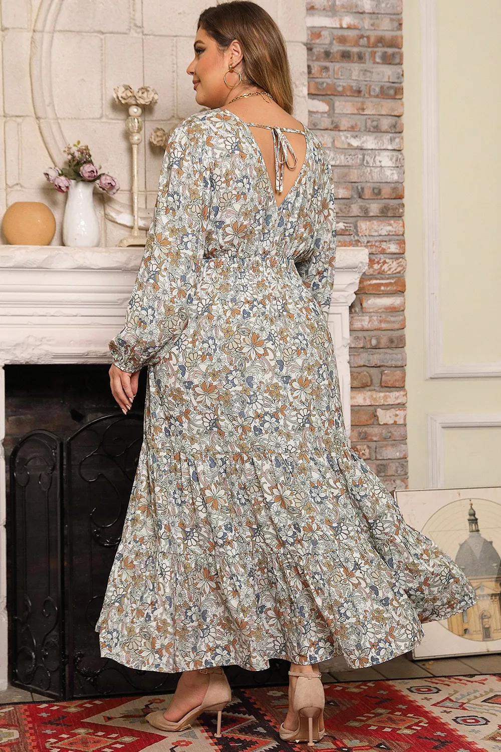Plus Size Printed Balloon Sleeve Ruffle Hem Dress, image 3