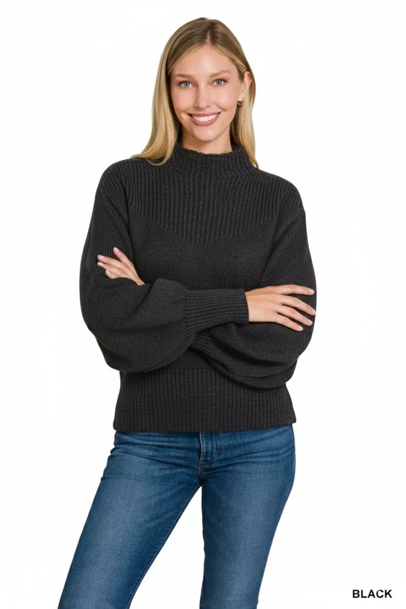 Balloon Sleeve Mock Neck Sweater