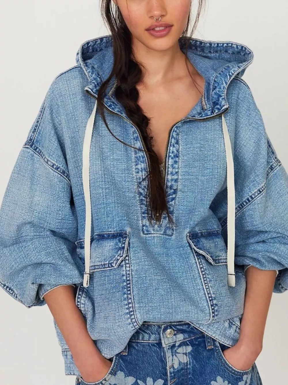 Half Zip Hooded Denim Top, image 9