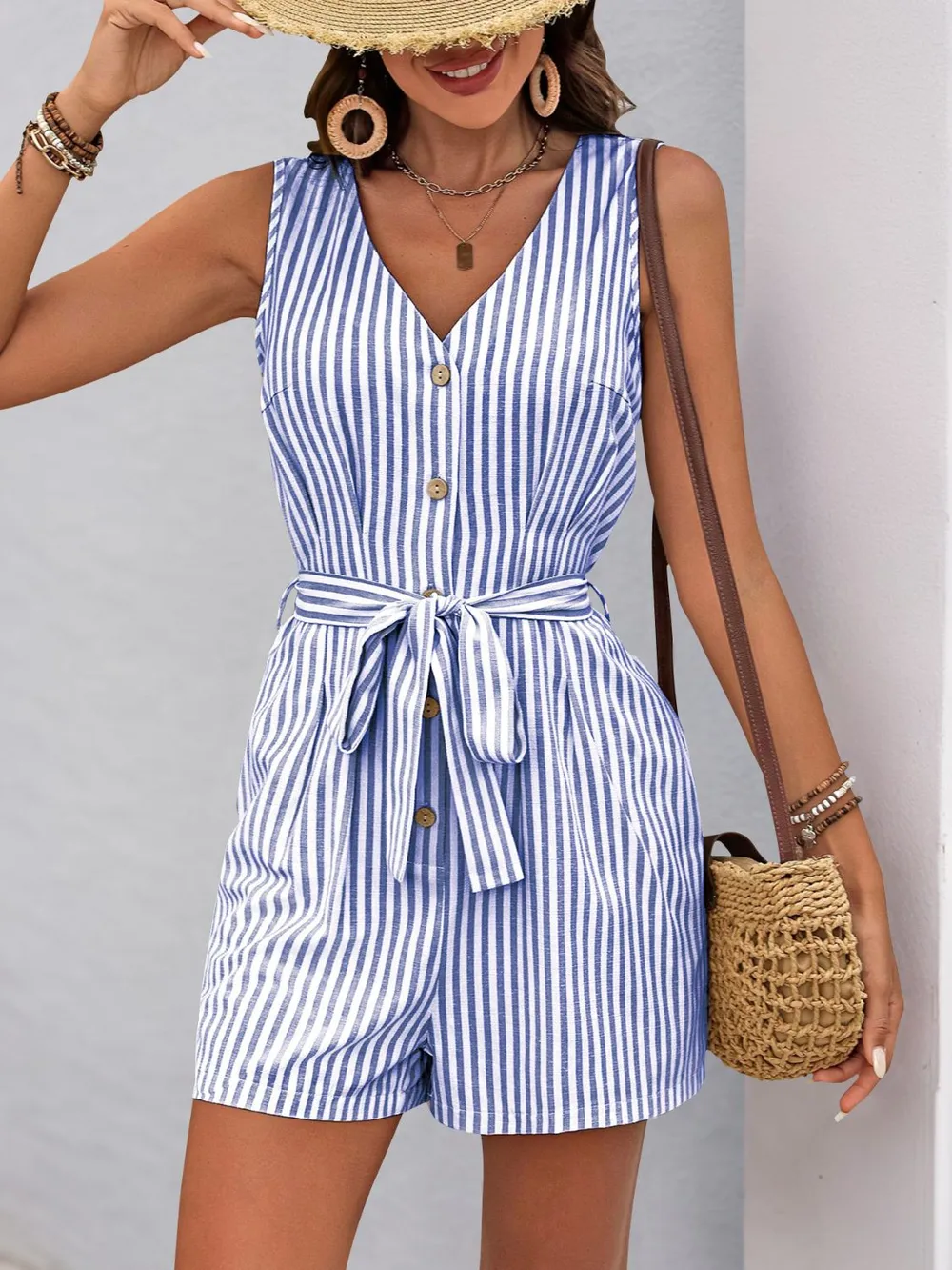 Striped V-Neck Tie Waist Romper, image 18