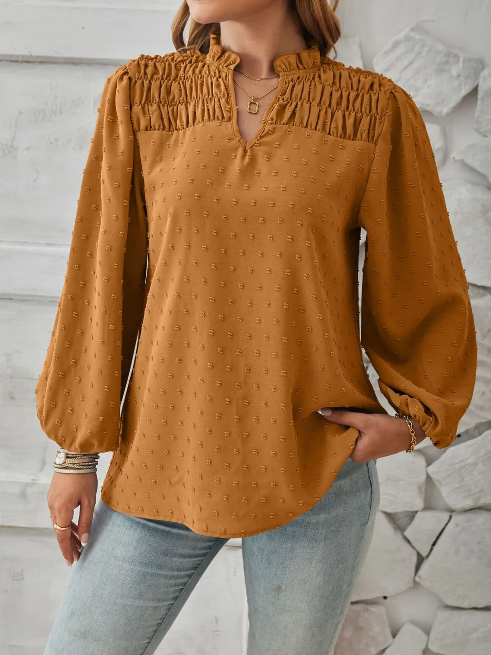 Ruched Swiss Dot Notched Balloon Sleeve T-Shirt, image 14