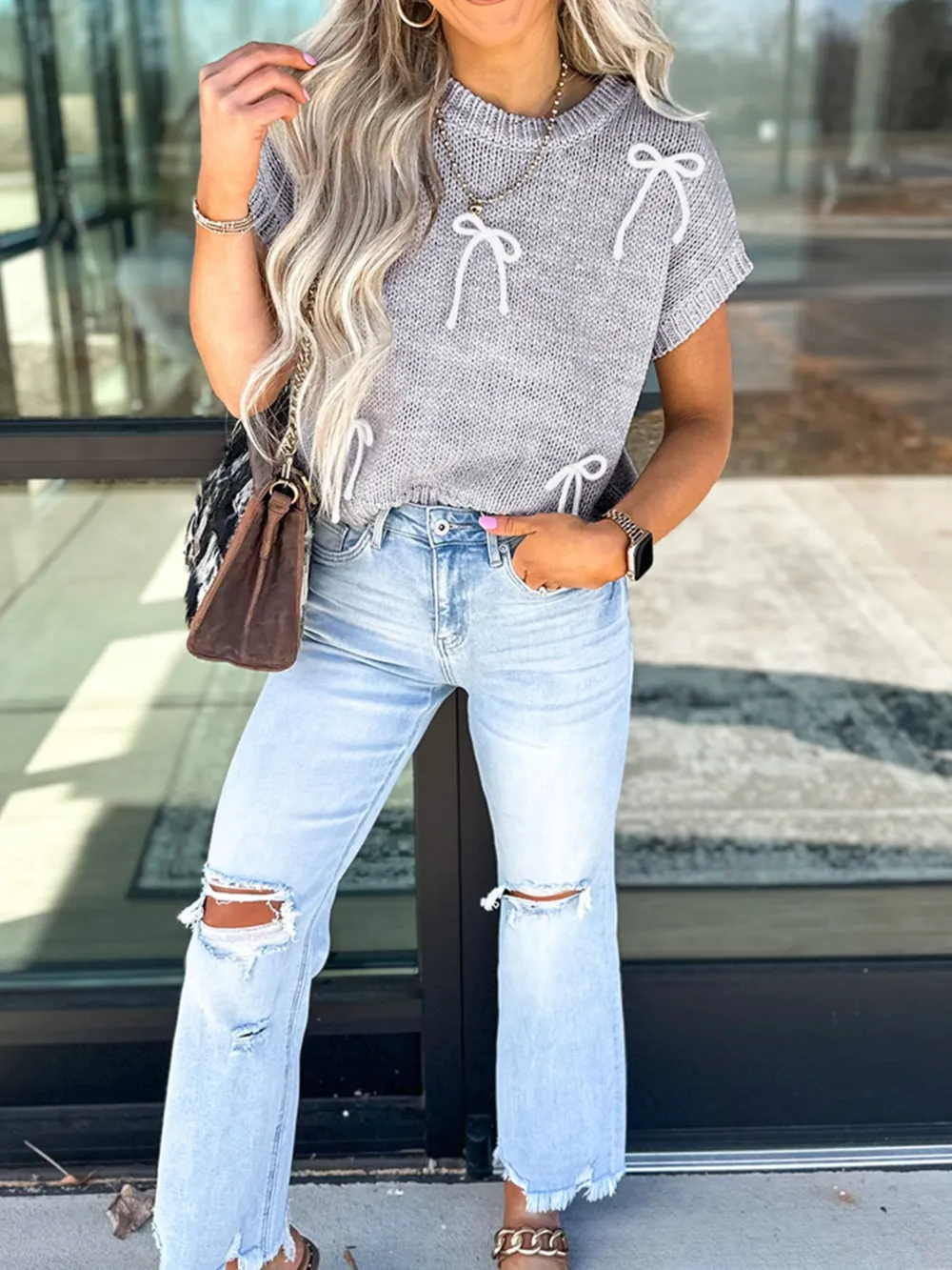 Bow Round Neck Short Sleeve Sweater, image 3
