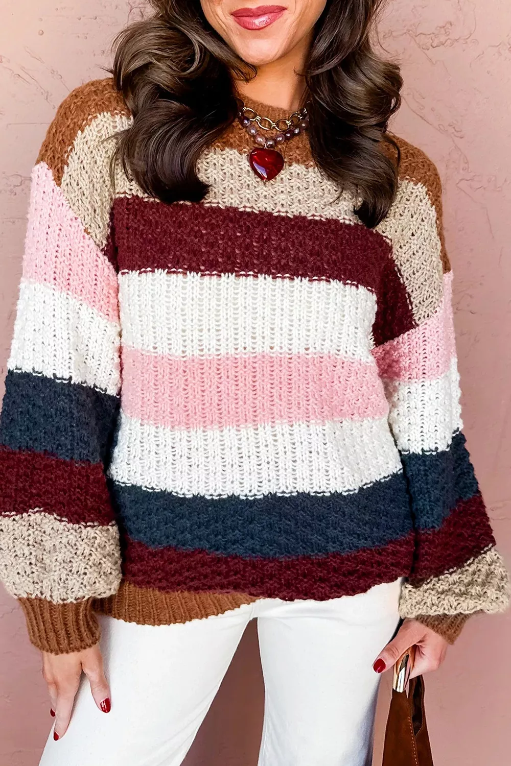 Striped Knit Dropped Shoulder Round Neck Sweater, image 2