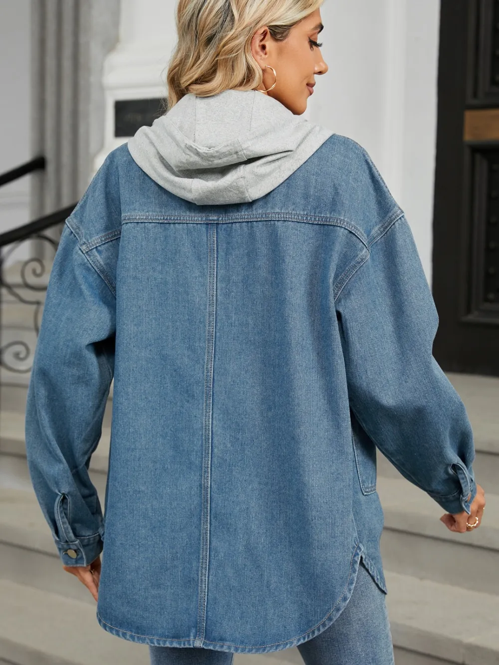 Removable Hood Button Up Long Sleeve Denim Jacket, image 3