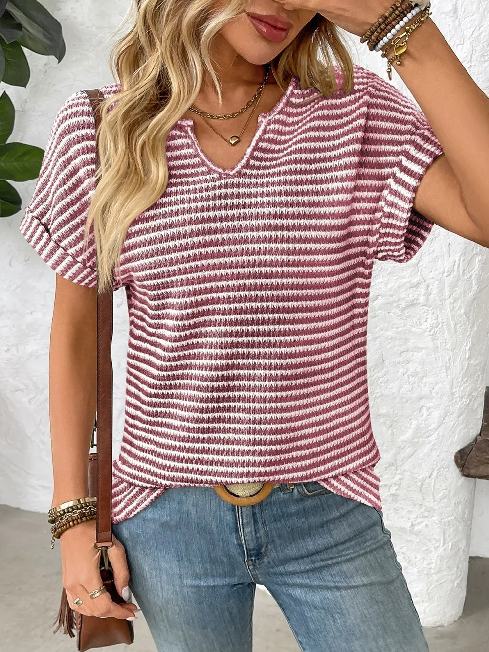 Striped Notched Short Sleeve T-Shirt, image 15