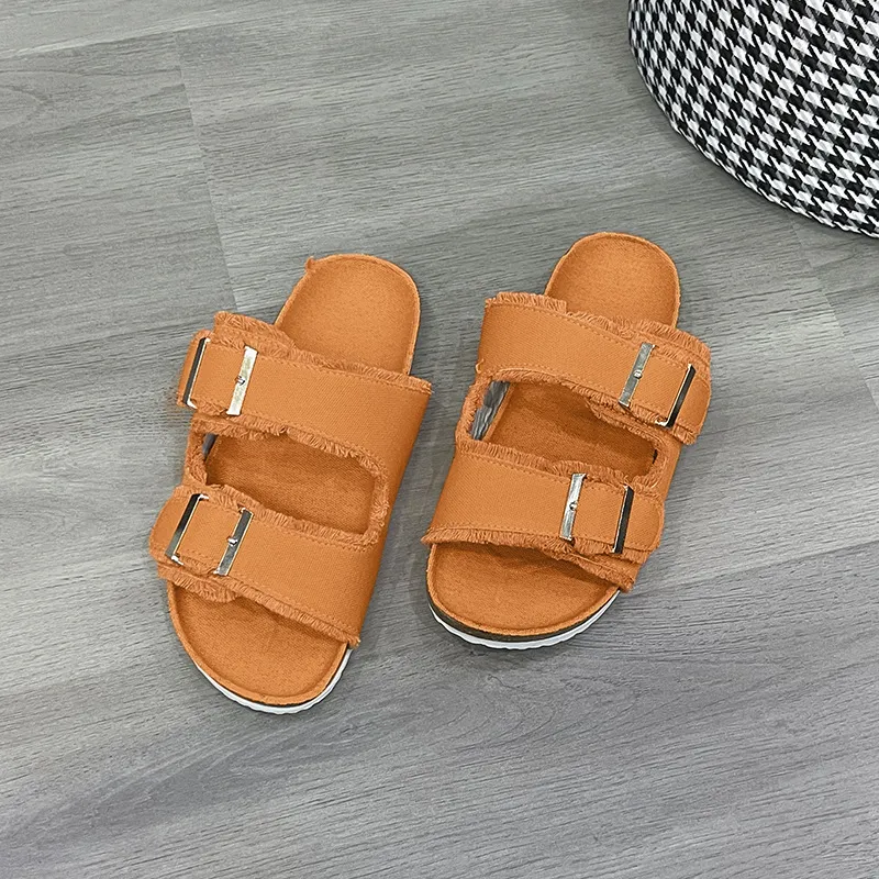 Raw Hem Open Toe Double Buckle Sandals, image 6