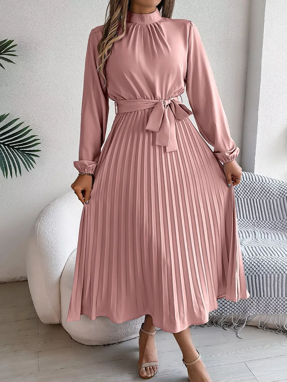 Mock Neck Pleated Midi Dress, image 18