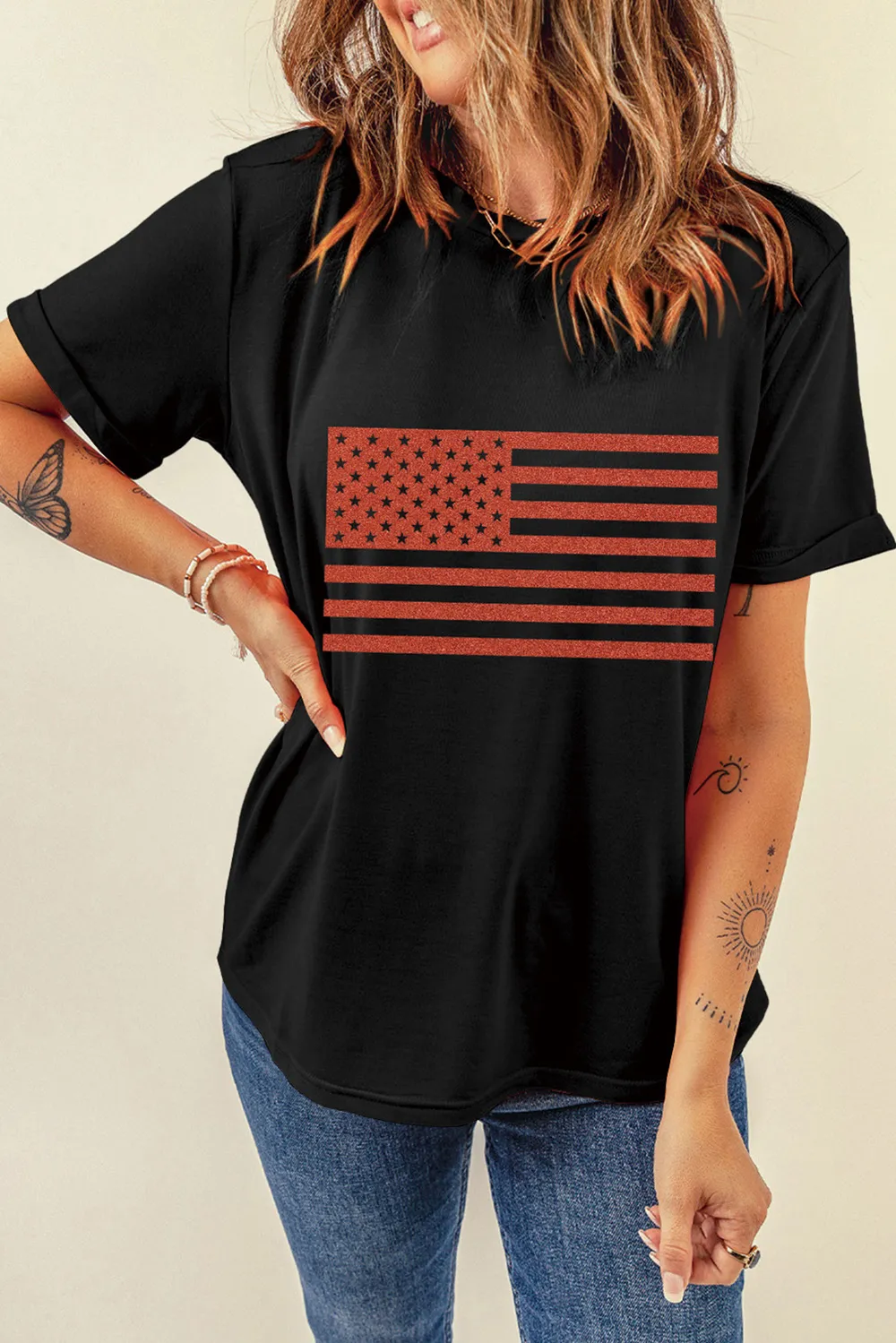 US Flag Round Neck Short Sleeve T-Shirt, image 3